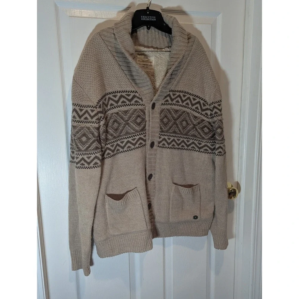 Nordic Fair Isle Sherpa Lined Shawl Collar Cardigan Weatherproof Vintage Large